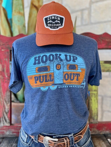Men's Funny Graphic Tee in Navy/Orange with Camper Graphic "Hook Up & Pull Out" - CAMPIN - BLAIR'S WESTERN WEAR MARBLE FALLS, TX 