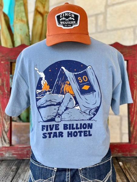 Men's Graphic Tee in Blue, Navy, & Orange with Camper Graphic "Five Billion Star Hotel" - 5 STAR - BLAIR'S WESTERN WEAR MARBLE FALLS, TX 