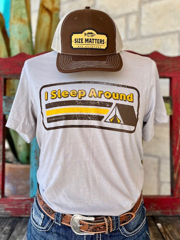 Men's Funny Graphic Tee with Tent Graphic Saying "I Sleep Around" - SLEEP AROUND - BLAIR'S WESTERN WEAR MARBLE FALLS, TX 