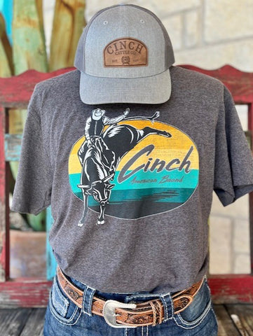 Men's Cinch Logo Shirt in Grey, Yellow, Turquoise with Cowboy Graphic - MTT1690574 - Blair's Western Wear Marble Falls, TX 