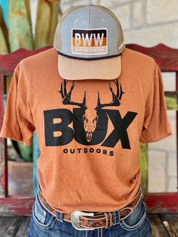 Men's T-Shirt in Orange & Black "Bux Outdoors" - BUX CLAY - BLAIR'S WESTERN WEAR MARBLE FALLS, TX  
