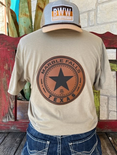 Men's Marble Falls Texas Leather Patch T-Shirt - MF TX TEE - BLAIR'S WESTERN WEAR MARBLE FALLS, TX