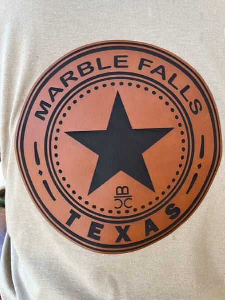 Men's Marble Falls Texas Leather Patch T-Shirt - MF TX TEE - BLAIR'S WESTERN WEAR MARBLE FALLS, TX