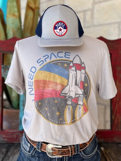 Men's Gtaphic Tee with a Rocket and "I Need Space" in Gray, Red, Blue - NEED SPACE - BLAIR'S WESTERN WEAR MARBLE FALLS, TX