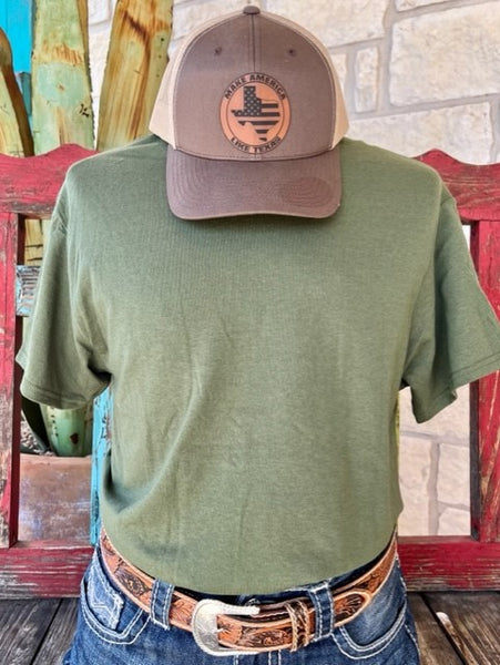 Men's "Indicted We Stand" Leather Patch T-Shirt in Olive Green - INDICTED TEE - BLAIR'S WESTERN WEAR MARBLE FALLS, TX