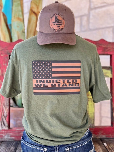 Men's "Indicted We Stand" Leather Patch T-Shirt in Olive Green - INDICTED TEE - BLAIR'S WESTERN WEAR MARBLE FALLS, TX 