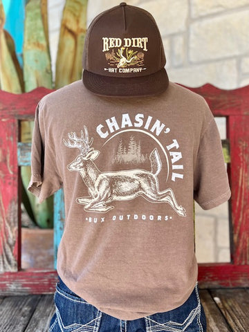 Men's Graphic T-Shirt in Tan/Brown sayin "Chasin' Tail" With Buck Graphic - CHASIN' TAIL - BLAIR'S WESTERN WEAR MARBLE FALLS, TX 