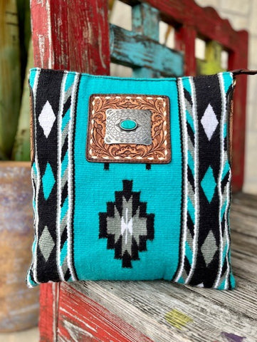 Women's American Darling Purse in Aztec Blanket with Tooled Leather in Turquosie/Black/White/Grey - ADBGA267F - BLAIR'S WESTERN WEAR MARBLE FALLS, TX 
