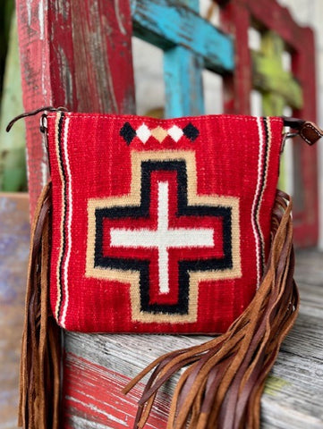 Ladies American Darling Purse in Red/Tan/White/Black with Fringe Sides and Aztec Blanket Design - ADBG1007B - BLAIR'S WESTERN WEAR MARBLE FALLS, TX 