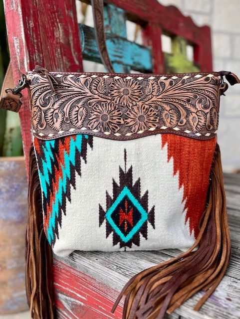 Ladies Aztec Blanket American Darling Purse in Natural, Brick, Tuquoise with Tooled Leather & Fringe - ADBG510AC - BLAIR'S WESTERN WEAR MARBLE FALLS, TX 
