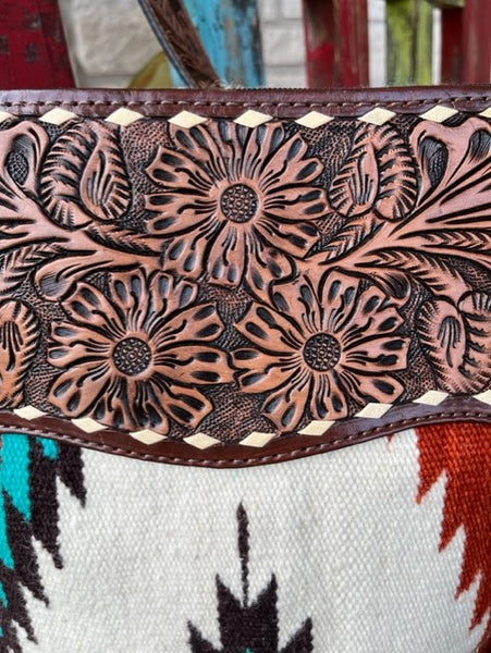 Ladies Aztec Blanket American Darling Purse in Natural, Brick, Tuquoise with Tooled Leather & Fringe - ADBG510AC - BLAIR'S WESTERN WEAR MARBLE FALLS, TX