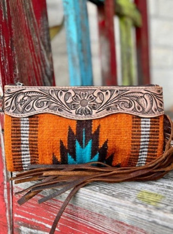 Ladies American Darling Aztec Blanket Wristlet in Orange/Turquoise/Chocolate/Natural - ADBG344D5 - BLAIR'S WESTERN WEAR MARBLE FALLS, TX 
