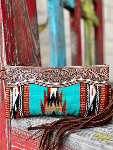 Ladies American Darling Aztec Blanket & Tooled Leather Wristlet in Brick, Turquoise, Tan, & Black - ADBG344AM - BLAIR'S WESTERN WEAR MARBLE FALLS, TX 