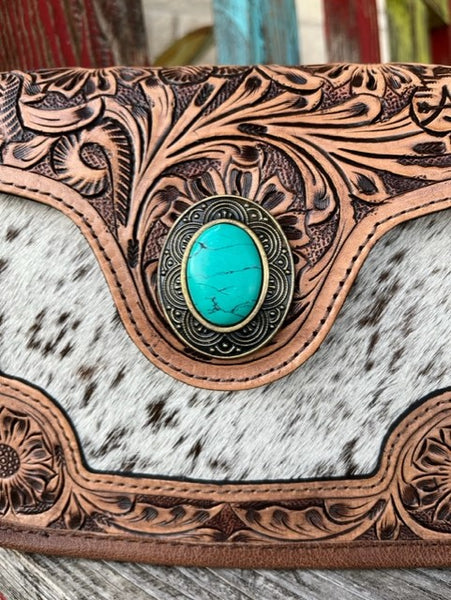 Ladies American Darling Purse with Cowhide & Tooled Leather With Inlayed Turquoise Stone - ADBG826A -BLAIR'S WESTERN WEAR MARBLE FALLS, TX