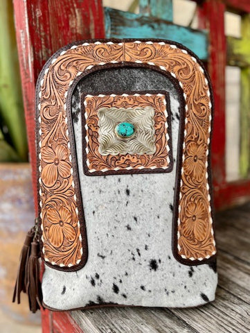 Ladies American Darling Cowhide & Tooled Leather Backpack with Inlayed Turquoise Stone - ADBGA235B - BLAIR'S WESTERN WEAR MARBLE FALLS, TX 
