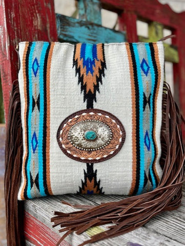 Ladies American Darling Aztec Blanket & Tooled Leather Purse with Fringe Sides - ADBGA273A - BLAIR'S WESTERN WEAR MARBLE FALLS, TX 