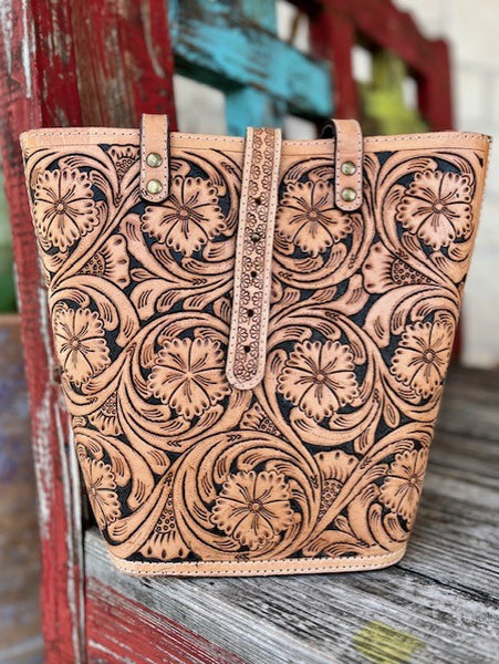 Ladies American Darling Tooled Leather Bucket Purse With Leather Latch Closure - ADBG477TAN - BLAIR'S WESTERN WEAR MARBLE FALLS, TX 