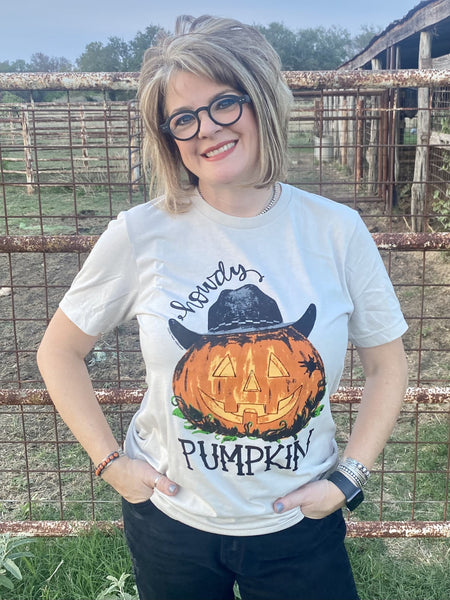 Ladies Tan & Orange Western Pumpkin Halloween Tee - Howdy Pumpkin - Blair's Western Wear Marble Falls, TX