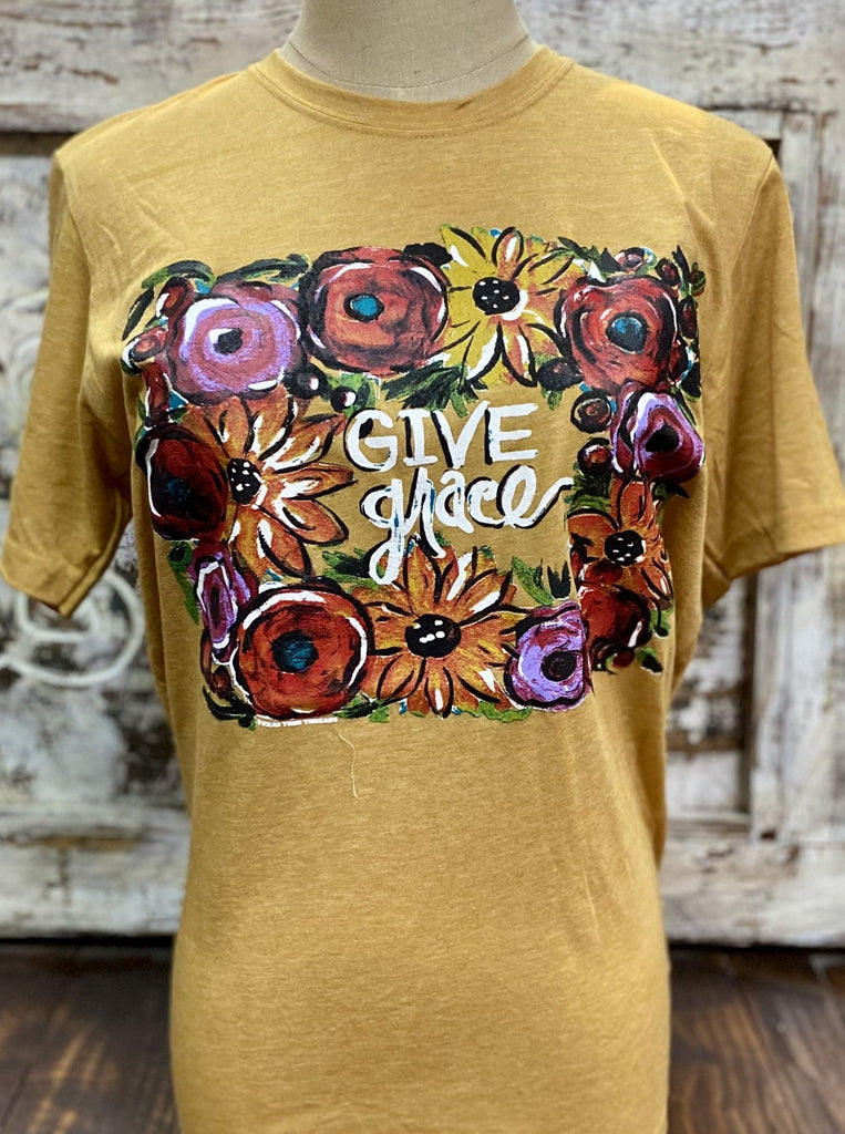 Ladies Graphic Tee - Give Grace Gold Colorful Fall Flowers - Blair's Western Wear Marble Falls, TX