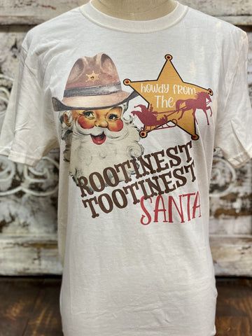 Ladies Western Christmas T-Shirt Natural with Western Santa - Blair's Western Wear Marble Falls, TX