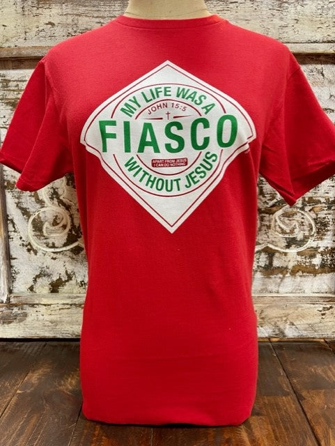 LADIES CHRISTIAN T-SHIRT "MY LIFE WAS A FIASCO WITHOUT JESUS" IN RED/GREEN/WHITE - APT4070 - BLAIR'S WESTERN WEAR MARBLE FALLS, TX 