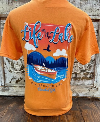 Ladies Christian Graphic Tee in Orange/Blue "LIFE ON THE LAKE IS A BLESSED LIFE" - CGA3802 - Blair's Western Wear Marble Falls, TX 
