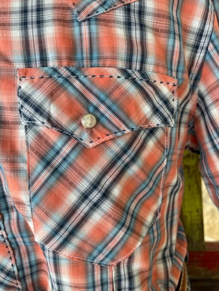 Men's Wrangler Shirt in Peach/Blue Plaid, Snap Button Up - 112324665 - Blair's Western Wear Marble Falls, TX