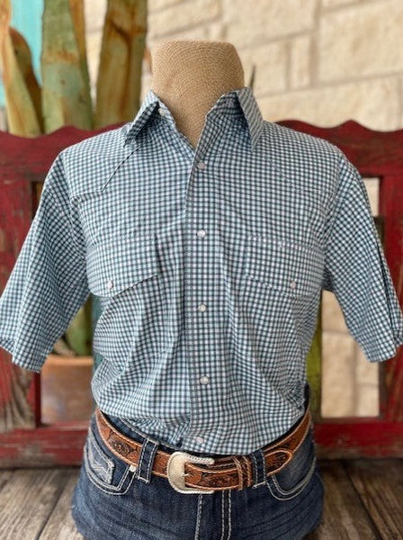 Men's Wrangler Short Sleeve Button Up in Teal/Turquoise/White Checker - 112326369 - Blair's Western Wear in Marble Falls, TX 