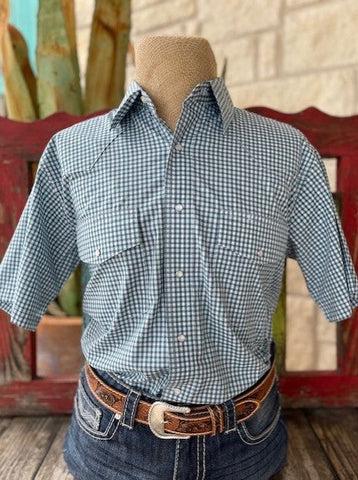 Men's Wrangler Short Sleeve Button Up in Teal/Turquoise/White Checker - 112326369 - Blair's Western Wear in Marble Falls, TX 