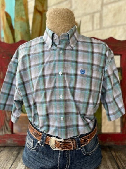 Men's Cinch Short Sleeve Button Up in Teal/Brown/White - MTW1111424 - Blair's Western Wear Marble Falls, TX 