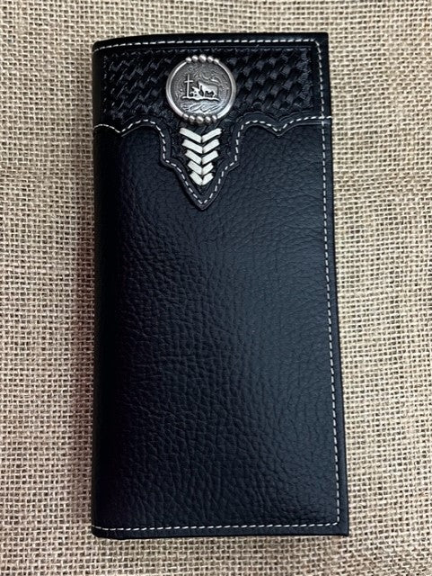 Men's Black Checkbook Wallet with Overlayed Tooled Leather with Praying Cowboy Concho - W561 - Blair's Western Wear Marble Falls, TX 
