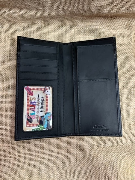Men's Black Checkbook Wallet with Overlayed Tooled Leather with Praying Cowboy Concho - W561 - Blair's Western Wear Marble Falls, TX