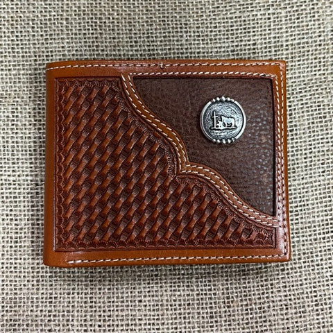 Men's Bifold Wallet with Tooled Overlayed Leather & Silver Concho - W368P - Blair's Western Wear Marble Falls, TX