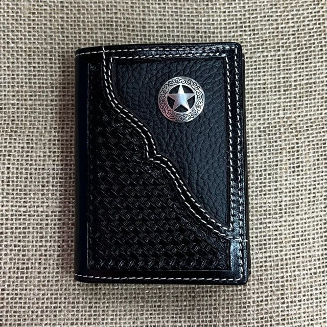 Men's Black Trifold Wallet with Star Concho & Tooled Overlay Leather - W371 - Blair's Western Wear Marble Falls, TX 