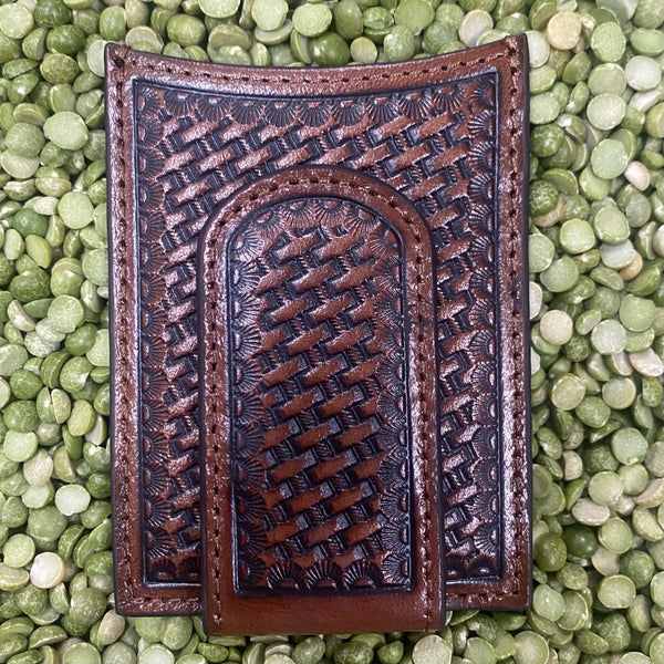 Men's Tooled Basket Weave Magnetic Money Clip Wallet