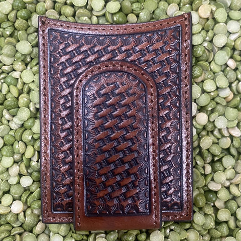 Men's Tooled Basket Weave Magnetic Money Clip Wallet