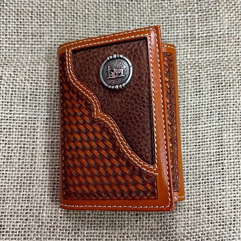 Men's Tooled Leather Trifold Wallet with Praying Cowboy Concho - W378P - Blair's Western Wear Marble Falls, TX 
