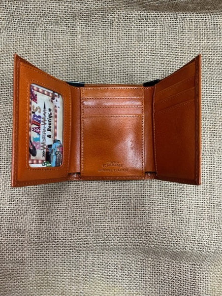 Men's Tooled Leather Trifold Wallet with Praying Cowboy Concho - W378P - Blair's Western Wear Marble Falls, TX