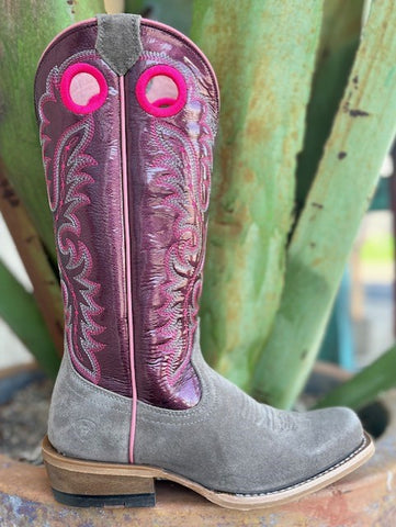 Ladies Roughout Narrow Square Toe Boot in Wine, Grey, & Neon Pink - 10047069 - Blair's Western Wear Marble Falls, TX 
