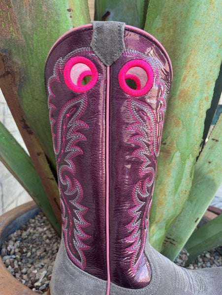 Ladies Roughout Narrow Square Toe Boot in Wine, Grey, & Neon Pink - 10047069 - Blair's Western Wear Marble Falls, TX