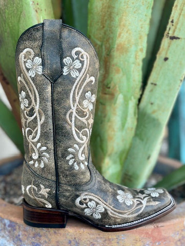 Ladies Circle G Western Dress Boot With Embroidered Flowers in Gray/Tan - L5241 - Blair's Western Wear Marble Falls, TX 