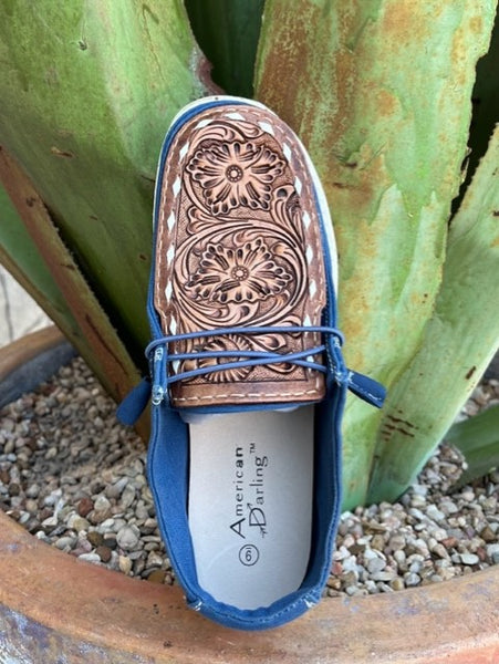 Ladies Tooled Leather Slip On American Darling Shoe in Brown, Blue, & White - Adft133NV4 - Blair's Western Wear Marble Falls, TX
