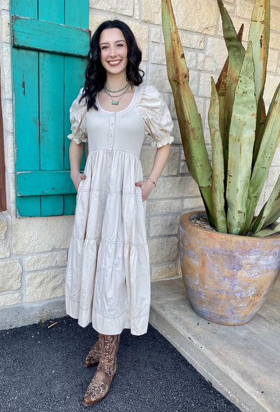 Ladies Puffy Sleeved Tiered Dress in Natural & Brown - S1269D - Blair's Western Wear Marble Falls, TX