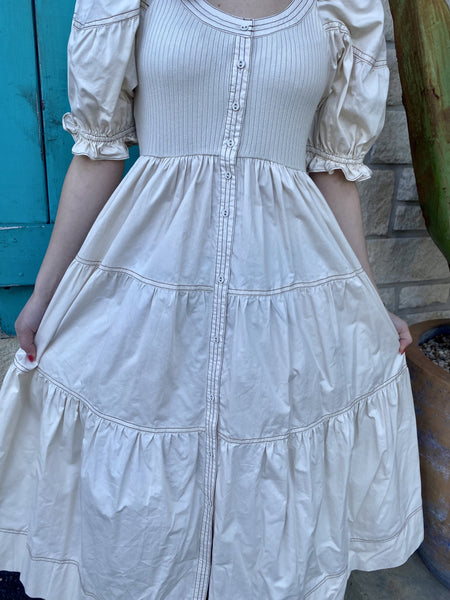 Ladies Puffy Sleeved Tiered Dress in Natural & Brown - S1269D - Blair's Western Wear Marble Falls, TX