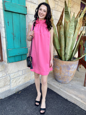 Ladies Bubble Gum Pink Dress with Tied Neck Bow - R0425 - Blair's Western Wear in Marble Falls, TX 
