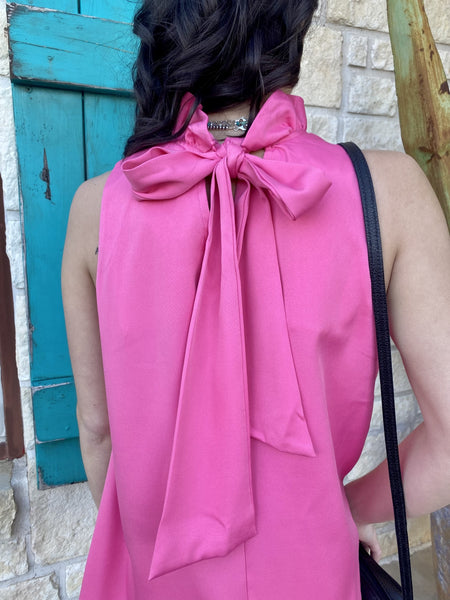 Ladies Bubble Gum Pink Dress with Tied Neck Bow - R0425 - Blair's Western Wear in Marble Falls, TX
