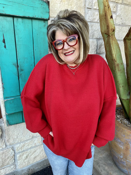 Ladies Oversized Red Sweater Top- T20615 - Blair's Western Wear Marble Falls, TX  