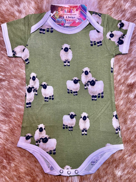Baby's Onsie with Fluffy Sheep in Green,White, & Black - 31133 - Blair's Western Wear Marble Falls, TX 