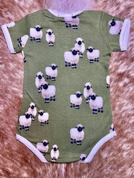 Baby's Onsie with Fluffy Sheep in Green,White, & Black - 31133 - Blair's Western Wear Marble Falls, TX