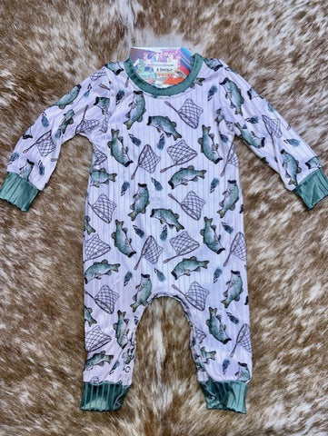 Baby's Long Sleeve Romper with Fish & Lures & Fishing Nets in Green & White - CATCH RELEASE - BLAIR'S WESTERN WEAR MARBLE FALLS, TX 